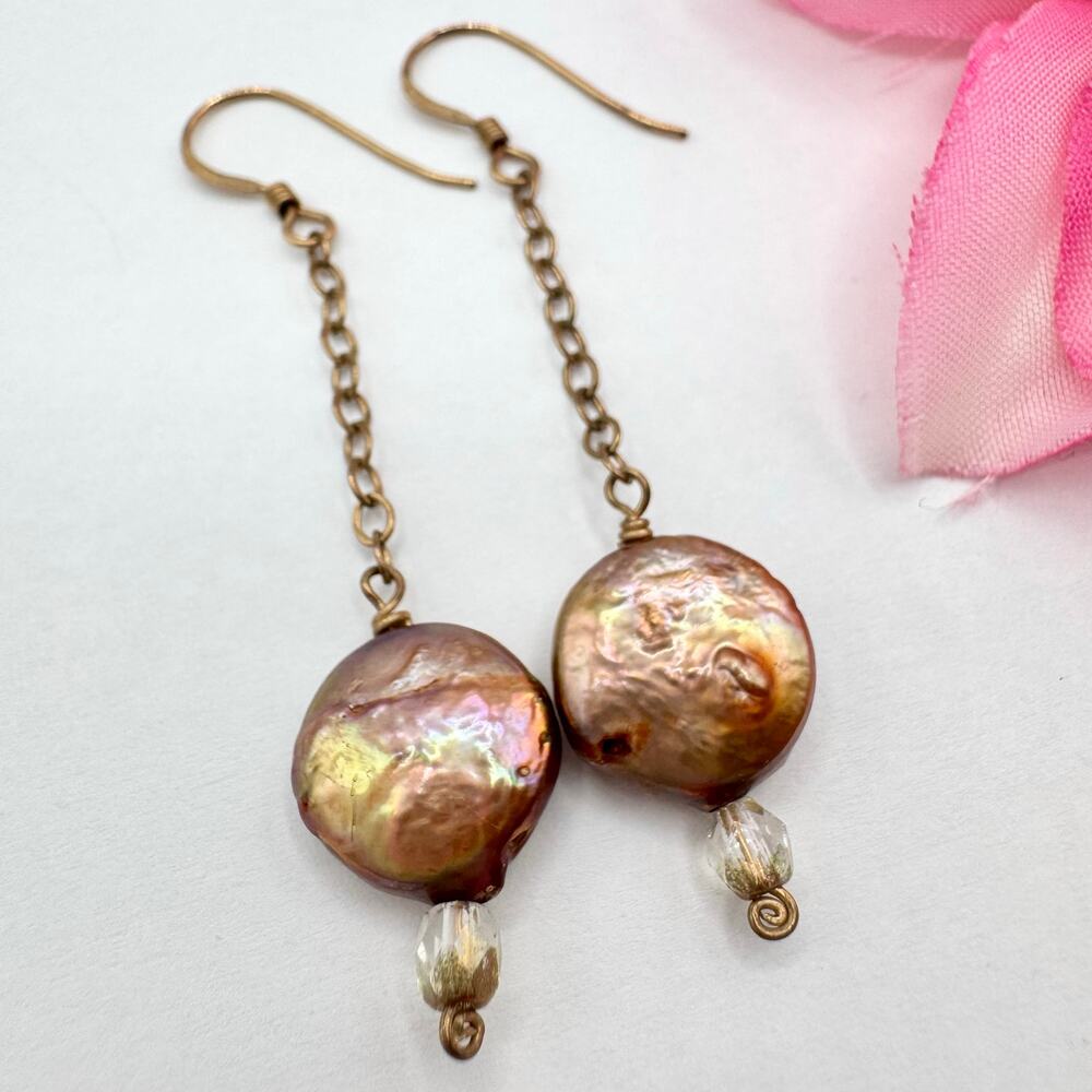 Bronze Coin Pearl 14K GF Dangle Earrings Gold Tone Beach Vacation Pearlcore